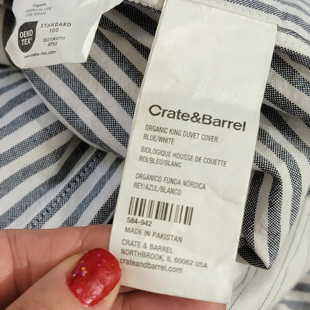 Crate & Barrel Organic King Duvet Cover Blue White Striped Reversible 106x96in